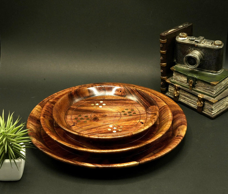 Artisan Wooden Plates with Inlay Design