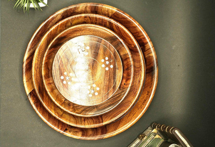 Artisan Wooden Plates with Inlay Design